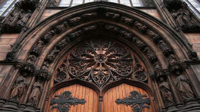 Intricate Gothic Archway and Wooden Doors with Ornate Details, Close Up