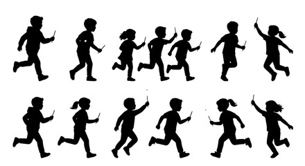 Obraz premium Children Silhouettes Set, Running Kids with Wands, Magical Play Vector Pack, Childhood Fantasy Graphics