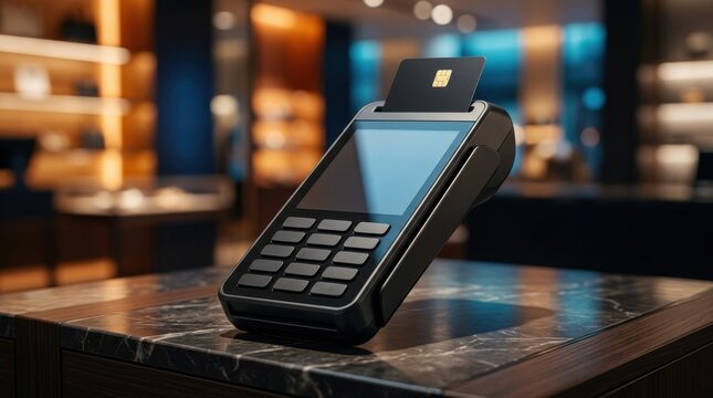 Credit card inserted into payment terminal close up view.