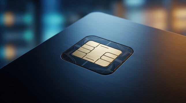 Macro shot of sim card chip on dark metallic surface.