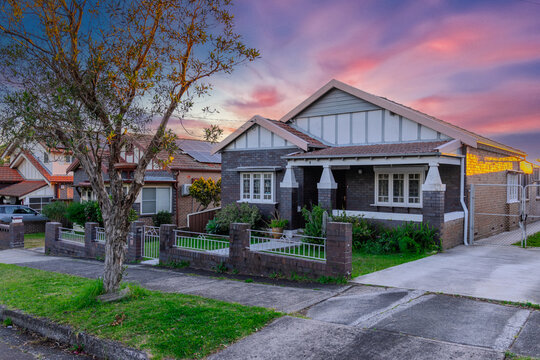 Suburban residential Brick house terracotta roof at sunset in Sydney  NSW Australia 