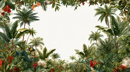 Fototapeta premium Vibrant Tropical Jungle Frame with Lush Green Foliage and Exotic Flowers