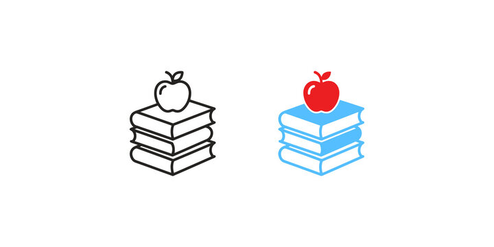 Education icon set featuring stack of three books topped with fresh red apple in both linear outline and blue color filled styles for school and academic learning design themes.