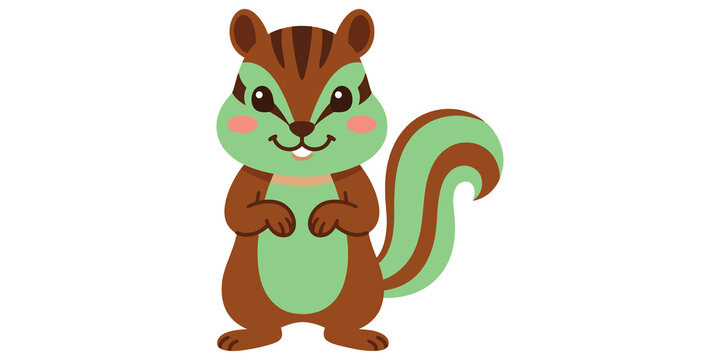 A charming cartoon chipmunk with green and brown fur, holding something small in its paws, featuring a friendly smile and playful expression.