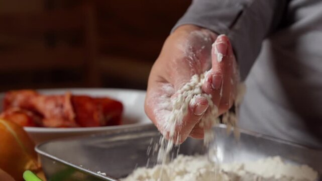 Hand sprinkling seasoned flour over chicken during fried chicken breading process