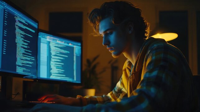 programmer working on computer with code on screens