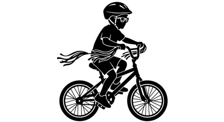 Child Riding Bicycle, Kid Cycling Vector Silhouette, Active Childhood Fun, Outdoor Sport Activity, Safety Helmet Gear