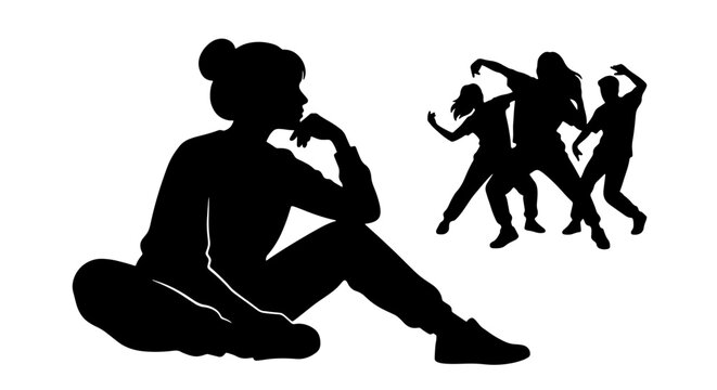 Silhouette of a thoughtful woman contemplating a group of dancing figures, vector illustration representing introspection and social interaction