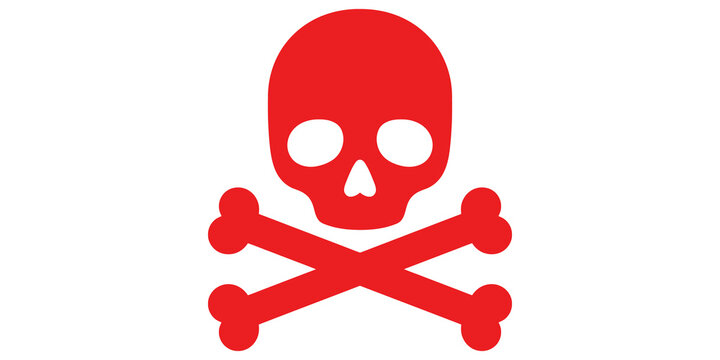 Red skull and crossbones icon representing danger hazard warning sign death symbol toxic substance alert isolated on checkered transparent background for safety signs and graphic usage.