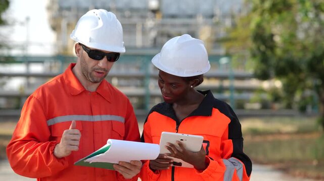Industrial engineers checking production data with clipboard and tablet, oil refinery, engineering inspection, plant maintenance, industrial operation, technical workflow.