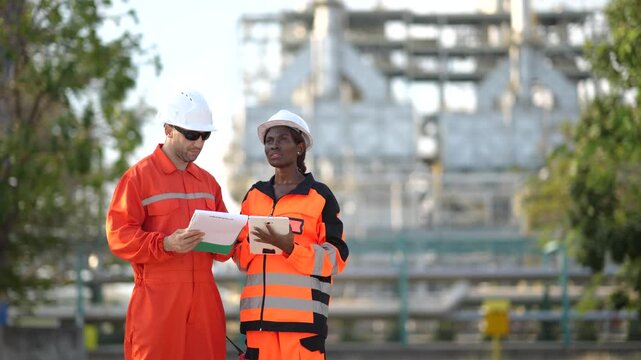 Engineers reviewing inspection document and tablet at oil refinery, industrial maintenance, plant operation, engineering teamwork, energy production, facility inspection.