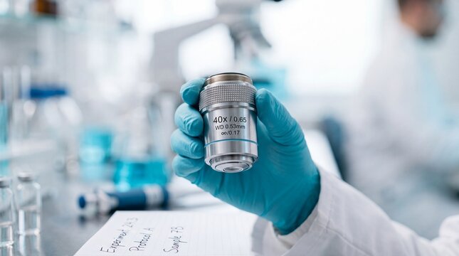 Scientist holding microscope objective lens over laboratory notebook during scientific research experiment