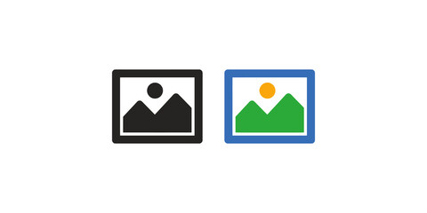 Fototapeta premium Two picture frame icons are displayed side by side on a transparent background, one a simple black silhouette and the other a colorful blue, green, and orange design.