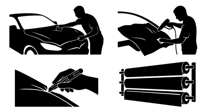 Car Wrapping Process Icons, Automotive Vinyl Application Steps, Vehicle Customization Service Graphics, Professional Auto Detailing Tools