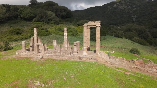 The Temple of Antas Remarkable Punic-Roman Sanctuary In A Lush Valley In Fluminimaggiore, Sardinia, Italy. Aerial Rotate Shot