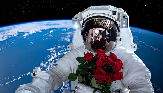 Astronaut in Space Holding Red Roses with Earth in Background.
