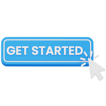 Blue get started button with mouse cursor 3D rendering for website onboarding