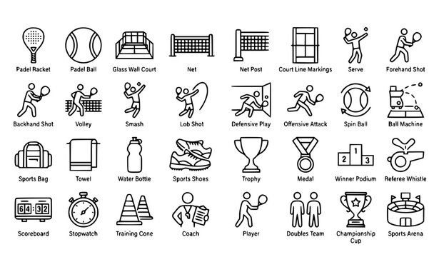 Minimalist Padel Thin Line Icon Set with Editable Stroke for Racket Sport Court Equipment Match Play and Training