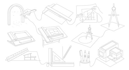 Fototapeta premium Architectural Drafting Tools Collection, Blueprint Design Elements, Engineering Instruments, Technical Drawing Equipment, Precision Measurement Tools, Construction Planning Graphics