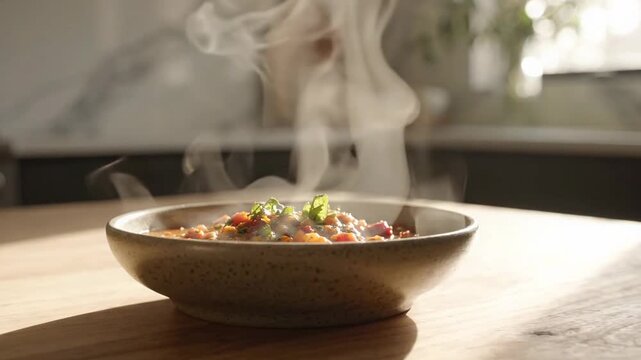 Hot food with visible steam on kitchen surface - 1