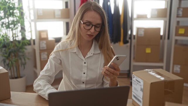 Woman holding smartphone and typing on laptop amid stacked shipping boxes and garment racks in a small business packing building; focused entrepreneurial productivity.