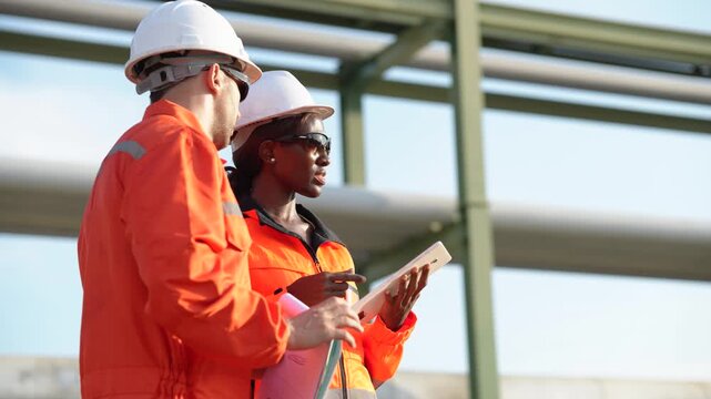 Engineer inspecting oil refinery equipment with clipboard during plant operation, industrial maintenance, energy production, refinery inspection, engineering workflow, facility management.