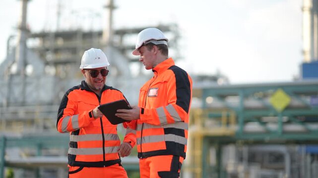 Engineers discussing refinery operation during equipment inspection, oil and gas facility, industrial maintenance, engineering teamwork, production workflow, plant management.