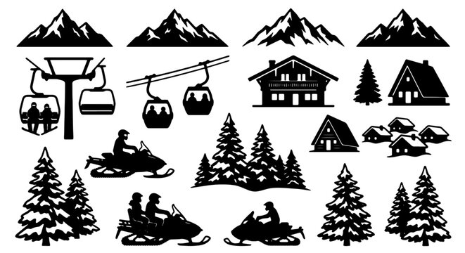 Winter Mountain Sports Icons Set: Ski Lifts, Snowmobiles, Cabins, Pine Trees, Peaks - Black and White Vector Graphics for Outdoor Adventure and Recreation