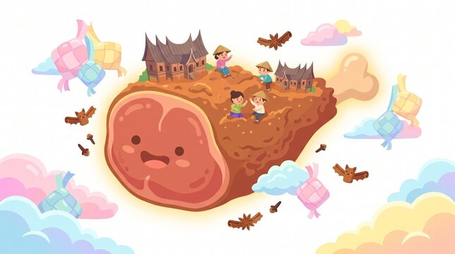 Kawaii Indonesian Rendang Fantasy Island Illustration with Cute Smiling Beef Rendang Character, Minangkabau Rumah Gadang Houses, Children in Traditional Costume, Flying Ke