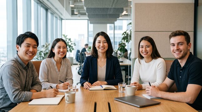 会議室にて、テーブルに座っている若いチームメンバー数名に囲まれて、穏やかな笑顔をカメラに向けている30代日本人女性社員のクローズアップ