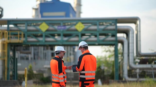 Refinery engineers inspecting industrial facility together, production monitoring, engineering communication, equipment maintenance, energy infrastructure, plant operation.