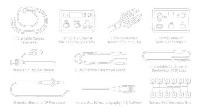 Medical Device Icons Set: Cardiology, Pacemakers, ECG Electrodes, Catheters, and Surgical Tools Vector Graphics