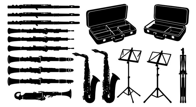 Woodwind Instruments Collection, Saxophone Silhouettes, Music Stands, Instrument Cases, Vector Graphics for Music Education and Performance