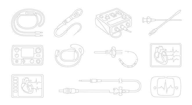 Medical Device Icons Set: Cardiology Equipment, Electrocardiogram Monitors, Pacemakers, and Infusion Pumps, Clean Line Art Vector Graphics for Healthcare Technology