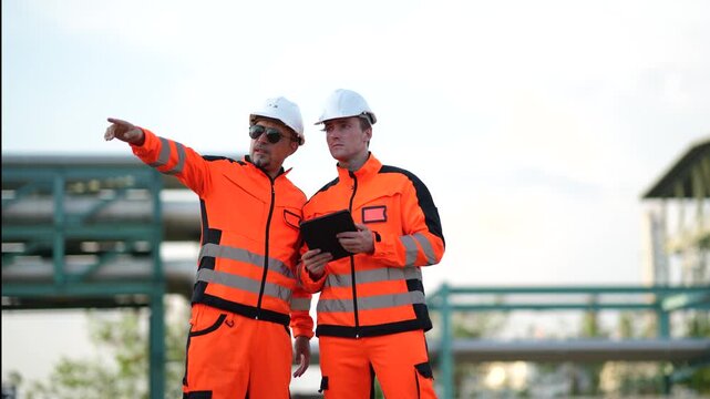 Plant engineers discussing maintenance work beside refinery equipment, industrial engineering, production workflow, energy facility, technical inspection, workplace teamwork.