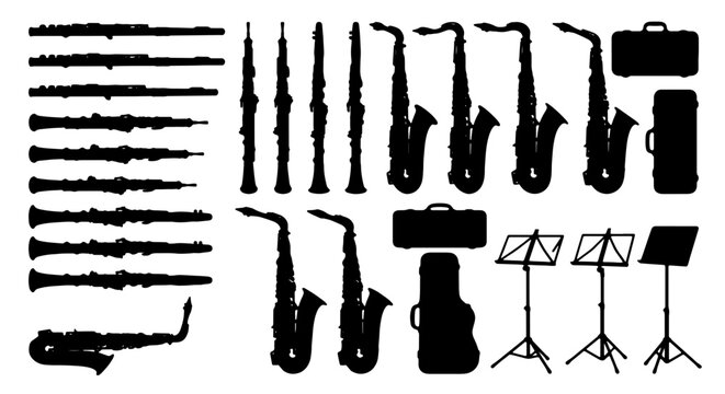 Vector Silhouettes of Musical Instruments: Saxophones, Clarinets, Cases, and Music Stands, Grunge Texture Set for Jazz, Orchestra, and Performance Graphics