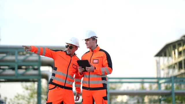 Oil refinery engineers performing equipment inspection during production, industrial maintenance, engineering management, refinery workflow, plant operation, energy industry.