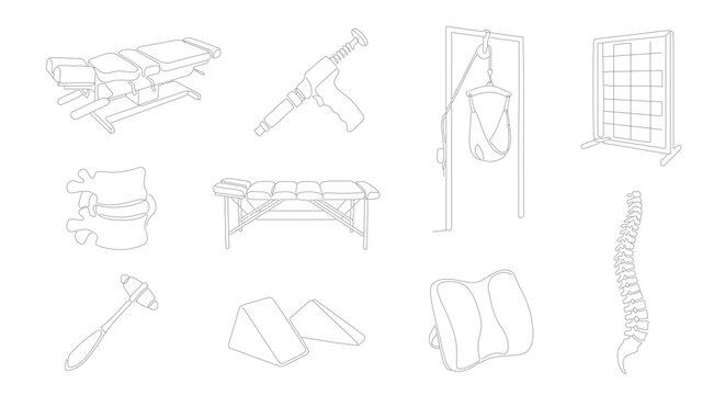 Chiropractic and Physical Therapy Equipment Vector Icons, Medical Treatment Tools Set, Health Care Devices Collection