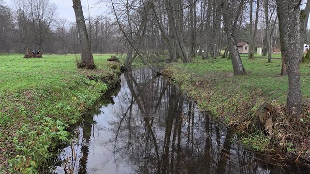A small river flows among grassy banks, on which trees grow and are reflected in the water. There are benches and woodpile on the shore. There are buildings nearby There are algae in the water. Cloudy
