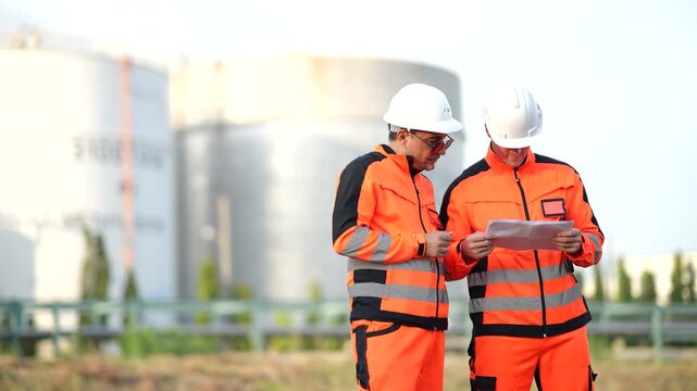 Engineering team conducting refinery inspection and production review, industrial operation, oil and gas facility, equipment monitoring, maintenance workflow, technical management.