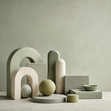 Soft clay geometric shape arrangement with soft asymmetric layout