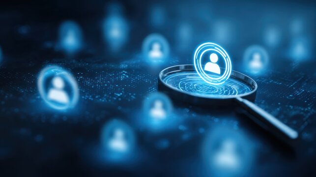 Magnifying glass over glowing blue user profile icon network of people symbols in background