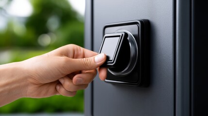 Naklejka premium Person Placing a Blank Card on a Modern Touch Control Panel in a Contemporary Environment for Training Purposes and Technology Demonstration
