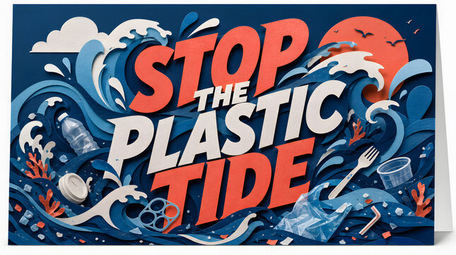 Stop the plastic tide creative text lettering design to keep our oceans clean and motivated environmental activism poster art illustration