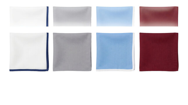 Four different colorful fabric handkerchiefs folded in a row high quality 4K PNG image in high quality 4K PNG image in white background