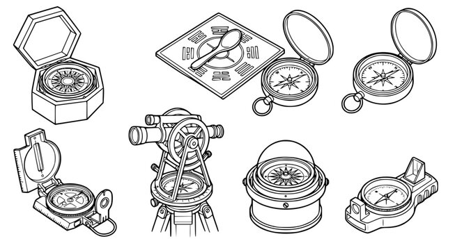 Set of vintage nautical compasses and surveying equipment line art illustrations for navigation and exploration design elements isolated on white background in professional black ink style