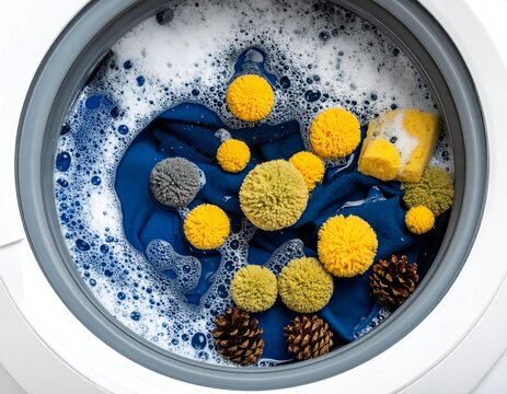 Overhead view of a washing machine filled with suds, blue fabric, and pom-poms