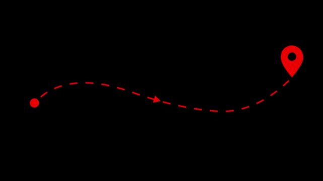 Animated dashed route line leading to map pin location on dark background. White navigation path with arrow and destination marker. Minimal travel and map concept. GPS and logistics icon design.