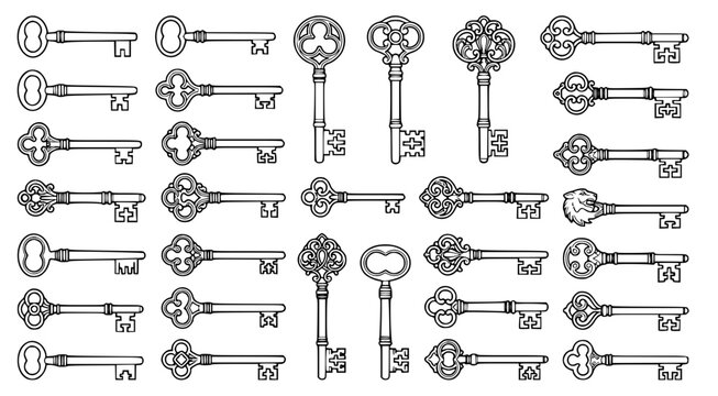Professional set of vintage ornate door keys line art illustrations showing diverse historical and decorative lock opening tools for mystery or security themed graphic design projects