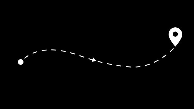 Animated dashed route line leading to map pin location on dark background. White navigation path with arrow and destination marker. Minimal travel and map concept. GPS and logistics icon design.